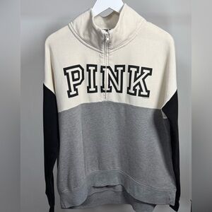 PINK Victoria’s Secret Quarter Zip Pullover Sweatshirt L Gray Cream Black Logo
